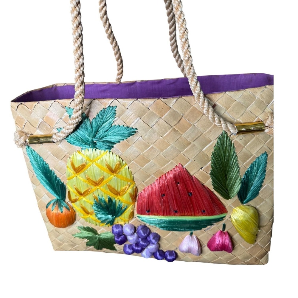 60s Raffia 3d Fruit Embroidered Tote Bag
